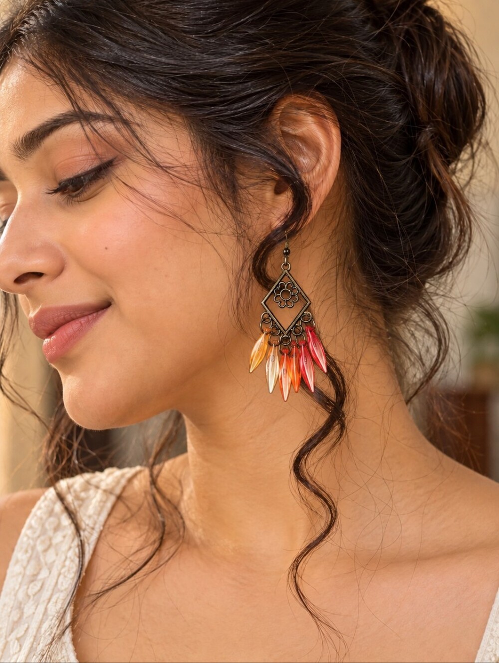 Boho Red Orange Lucite Dangle Earrings Lightweight Bronze Tone Statement Pair